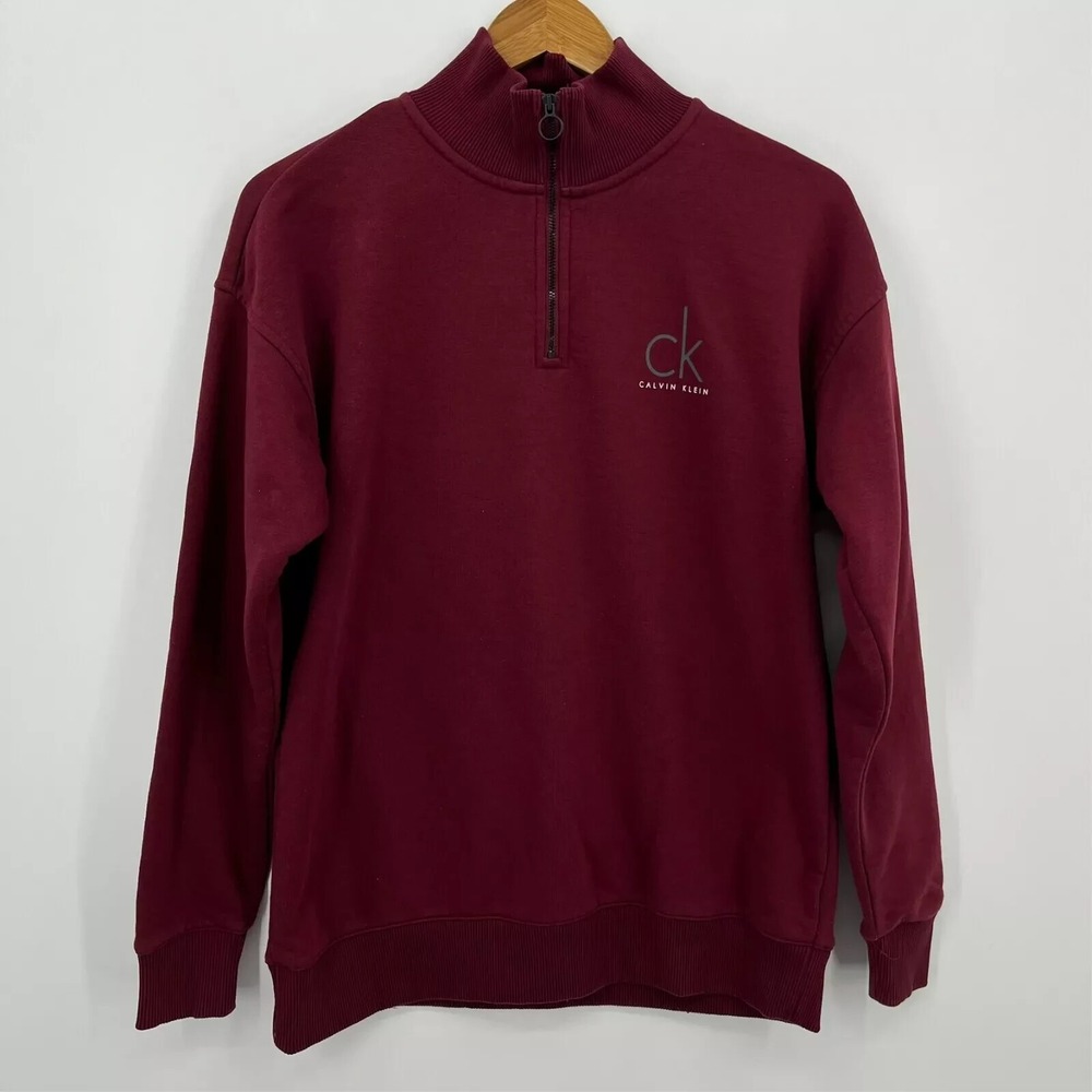 Calvin Klein Jeans Mens Burgundy Quarter Zip CK Logo Pullover Sweatshirt Size M